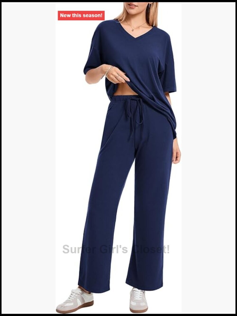 2 Piece Lounge Set: V-Neck Top & Wide Leg Pants with Pockets